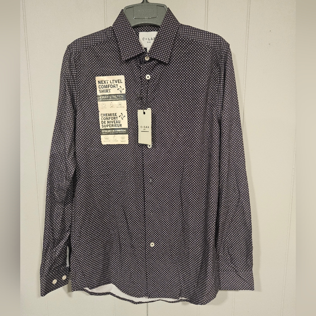 C-Lab Slim Fit Polka-Dot 4way Stretch Dress Shirt Black Small 14-1/2 32/33 Nwt